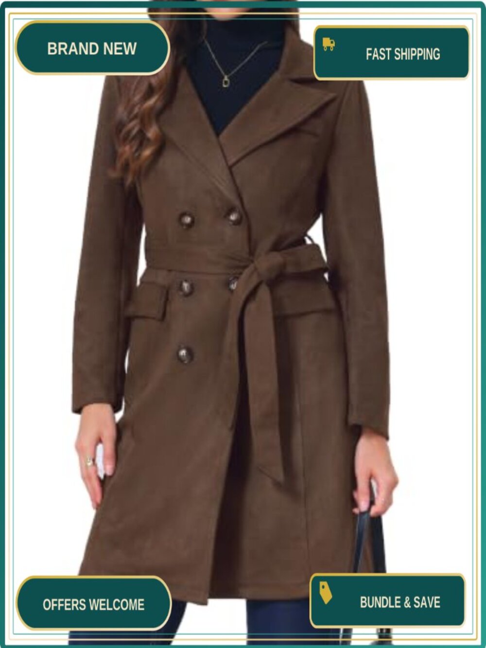 Faux Suede Trench Coat Notched Lapel Double Breasted Mid-Long Overcoat